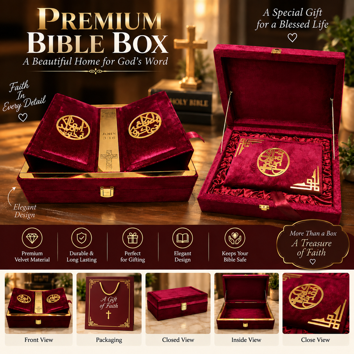 Premium Bible Gift Box with Bible – Luxury Red Velvet Christian Gift